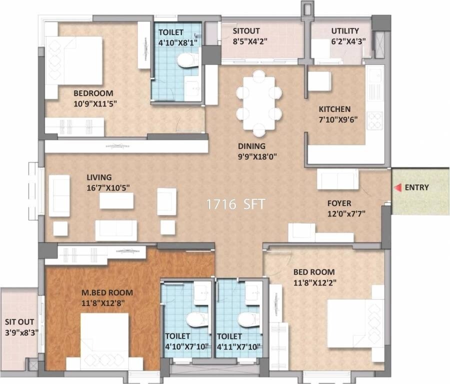 Floor plan of 3 BHK 1716 Sq. Ft. Apartment in Monarch Aqua, Bangalore