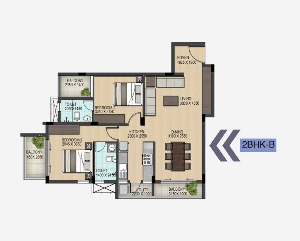 Floor plan of 2 BHK 1084 Sq. Ft. Apartment in 3 Little Birds, Bangalore