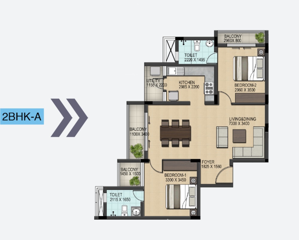 2 BHK 930 Sq. Ft. Apartment in 3 Little Birds