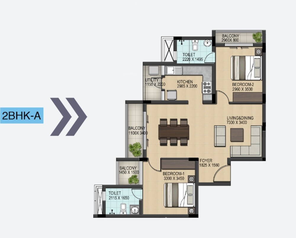 Floor plan of 2 BHK 930 Sq. Ft. Apartment in 3 Little Birds, Bangalore