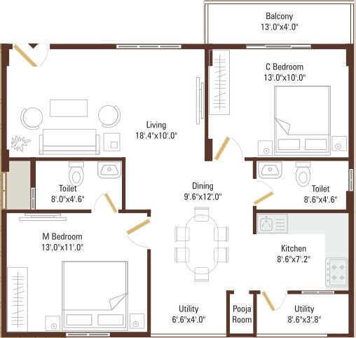 Floor plan of 2 BHK 1094 Sq. Ft. Apartment in 5 Elements Adithya Green Gardens, Bangalore