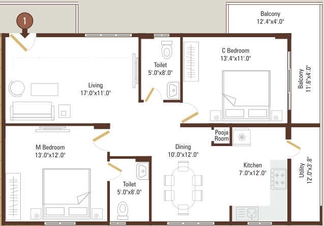 Floor plan of 2 BHK 1366 Sq. Ft. Apartment in 5 Elements Adithya Green Gardens, Bangalore