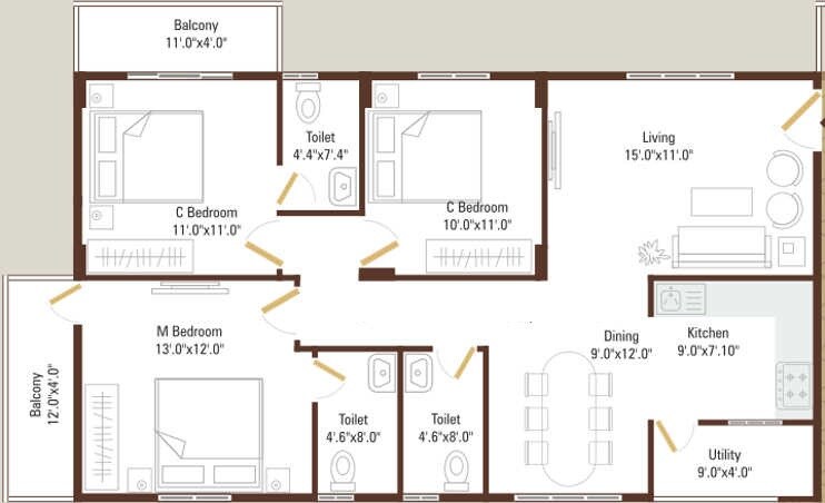 Floor plan of 3 BHK 1288 Sq. Ft. Apartment in 5 Elements Adithya Green Gardens, Bangalore