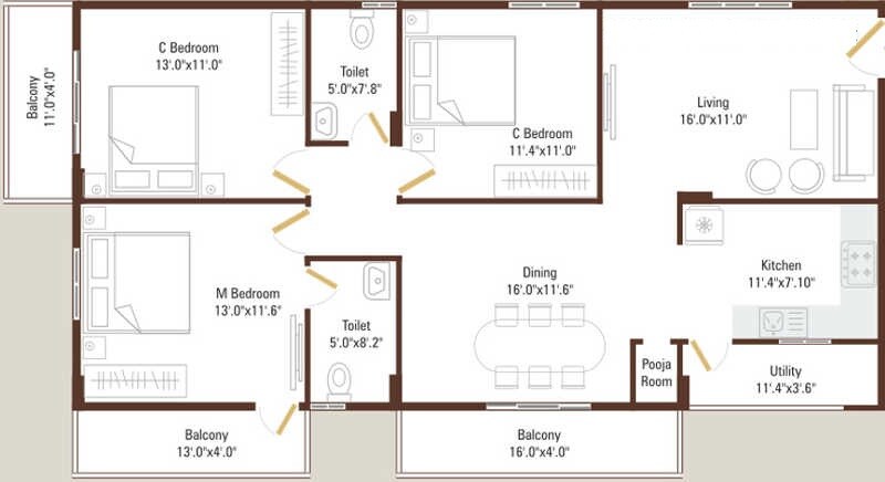 Floor plan of 3 BHK 1621 Sq. Ft. Apartment in 5 Elements Adithya Green Gardens, Bangalore