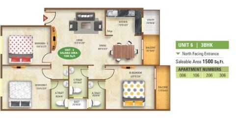 Floor plan of 3 BHK 1500 Sq. Ft. Apartment in 5 Elements Aditya Harmony, Bangalore