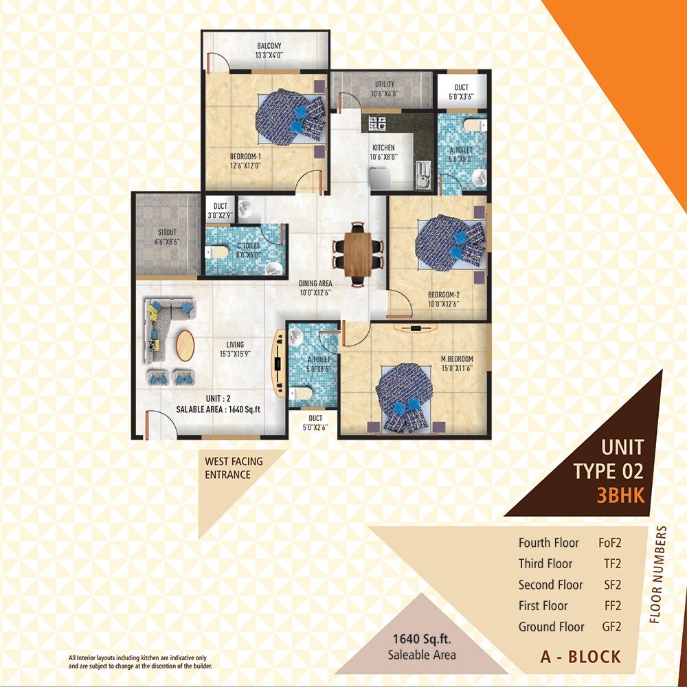 Floor plan of 3 BHK 1640 Sq. Ft. Apartment in 5 Elements Ajantha Prime, Bangalore
