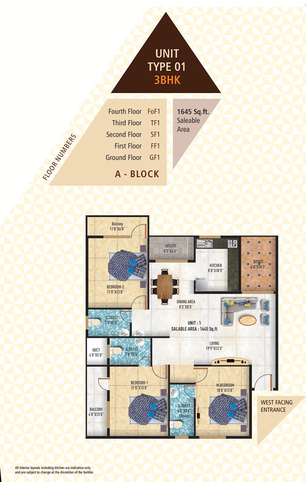 Floor plan of 3 BHK 1645 Sq. Ft. Apartment in 5 Elements Ajantha Prime, Bangalore