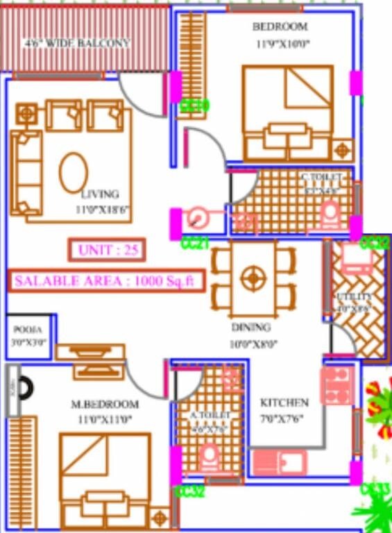 Floor plan of 2 BHK 1000 Sq. Ft. Apartment in 5 Elements Cyber Nest, Bangalore