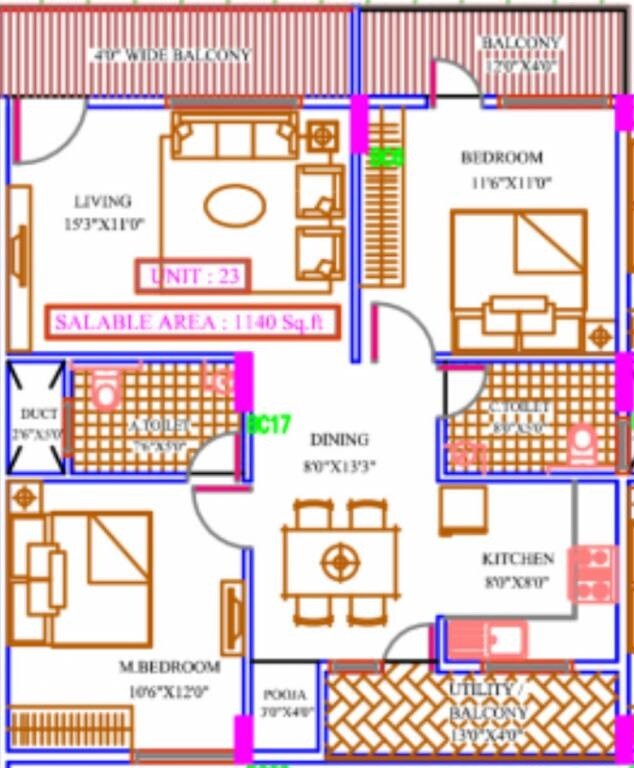 Floor plan of 2 BHK 1140 Sq. Ft. Apartment in 5 Elements Cyber Nest, Bangalore