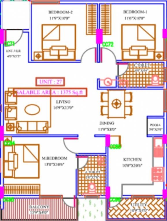 Floor plan of 3 BHK 1375 Sq. Ft. Apartment in 5 Elements Cyber Nest, Bangalore