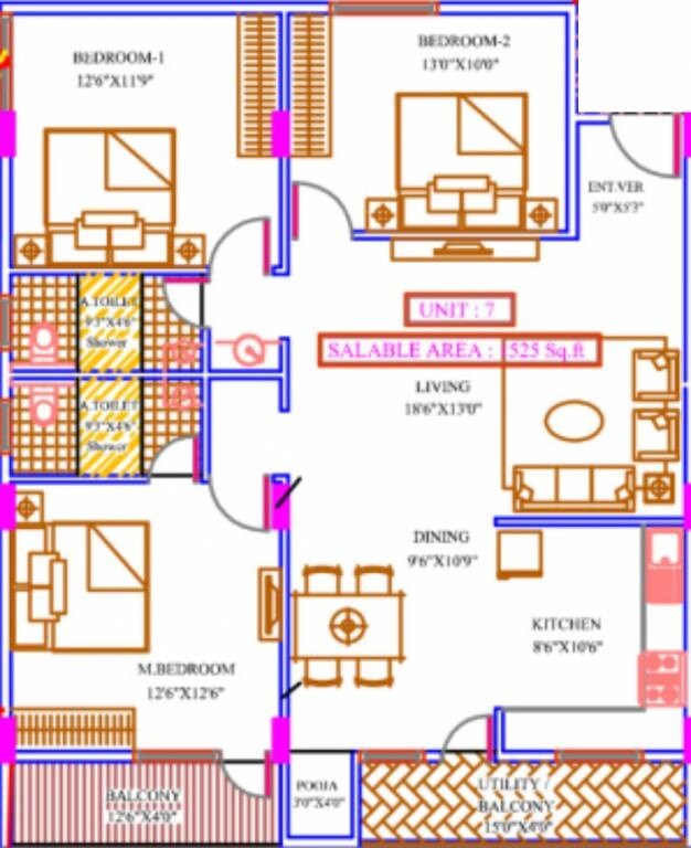 Floor plan of 3 BHK 1525 Sq. Ft. Apartment in 5 Elements Cyber Nest, Bangalore