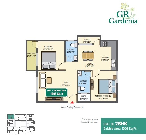 Floor plan of 2 BHK 1005 Sq. Ft. Apartment in 5 Elements GR Gardenia, Bangalore