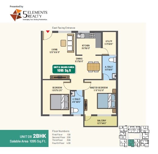 Floor plan of 2 BHK 1095 Sq. Ft. Apartment in 5 Elements GR Gardenia, Bangalore