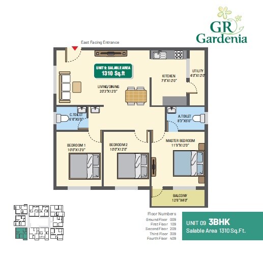 Floor plan of 3 BHK 1310 Sq. Ft. Apartment in 5 Elements GR Gardenia, Bangalore