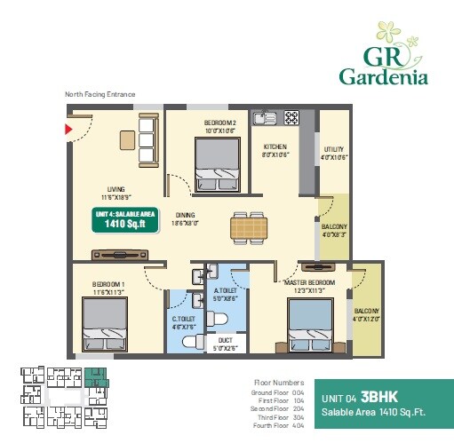 Floor plan of 3 BHK 1410 Sq. Ft. Apartment in 5 Elements GR Gardenia, Bangalore