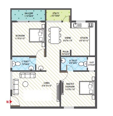 Floor plan of 2 BHK 1085 Sq. Ft. Apartment in 5 Elements GR Green Line, Bangalore