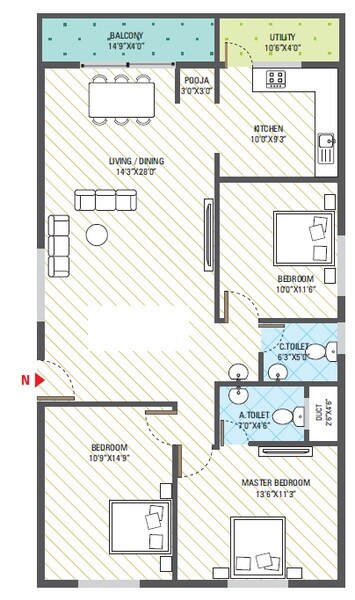 Floor plan of 3 BHK 1270 Sq. Ft. Apartment in 5 Elements GR Green Line, Bangalore