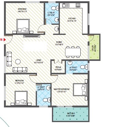 Floor plan of 3 BHK 1595 Sq. Ft. Apartment in 5 Elements GR Green Line, Bangalore