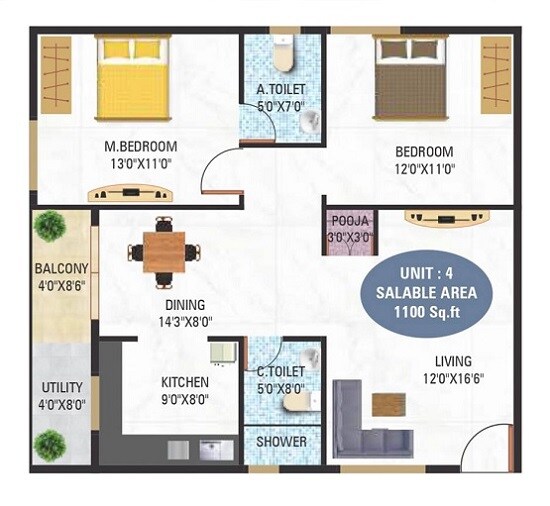 Floor plan of 2 BHK 1100 Sq. Ft. Apartment in 5 Elements GR Lotus, Bangalore