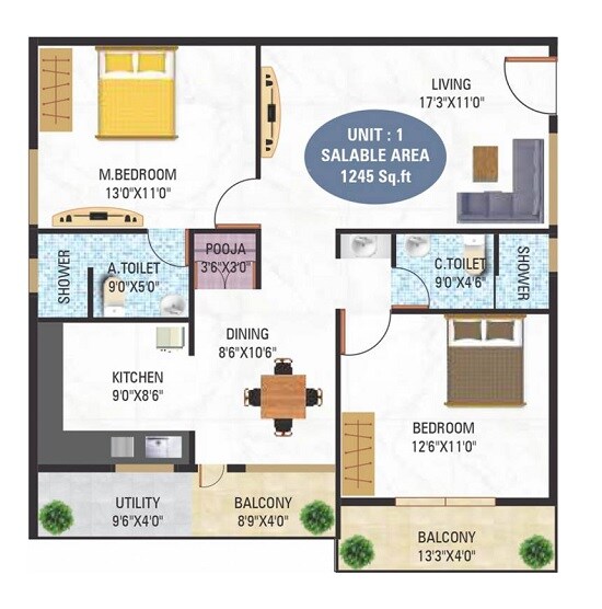 Floor plan of 2 BHK 1245 Sq. Ft. Apartment in 5 Elements GR Lotus, Bangalore