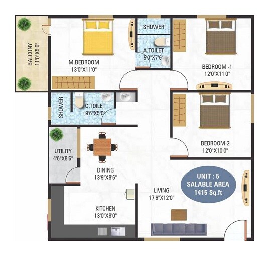 Floor plan of 3 BHK 1415 Sq. Ft. Apartment in 5 Elements GR Lotus, Bangalore