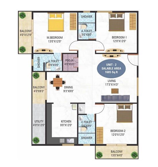 Floor plan of 3 BHK 1685 Sq. Ft. Apartment in 5 Elements GR Lotus, Bangalore
