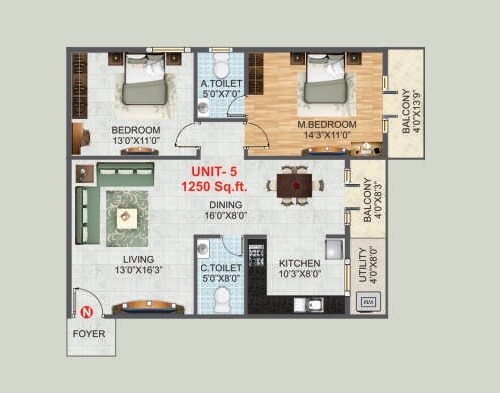 Floor plan of 2 BHK 1250 Sq. Ft. Apartment in 5 Elements GR Luxuria, Bangalore