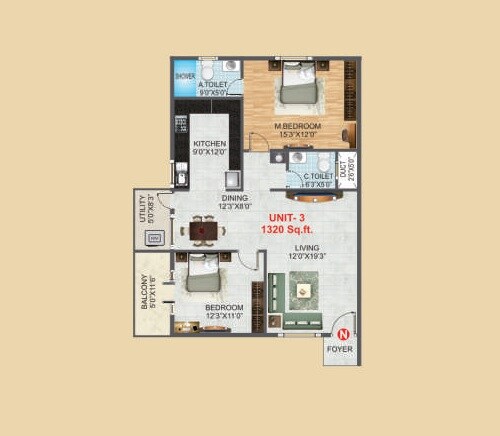 Floor plan of 2 BHK 1320 Sq. Ft. Apartment in 5 Elements GR Luxuria, Bangalore