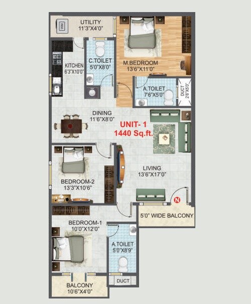 Floor plan of 3 BHK 1440 Sq. Ft. Apartment in 5 Elements GR Luxuria, Bangalore