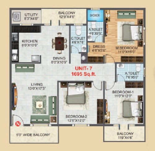 Floor plan of 3 BHK 1695 Sq. Ft. Apartment in 5 Elements GR Luxuria, Bangalore
