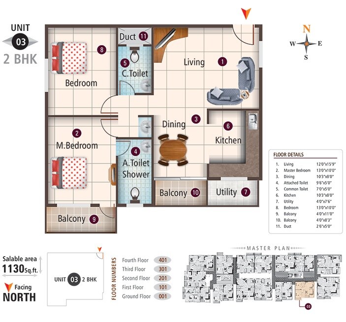 Floor plan of 2 BHK 1130 Sq. Ft. Apartment in 5 Elements Silicon Pride, Bangalore