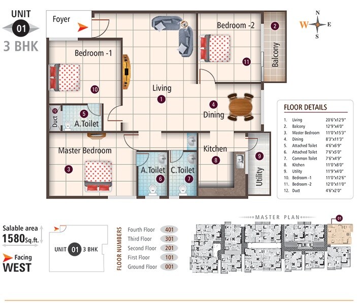 Floor plan of 3 BHK 1580 Sq. Ft. Apartment in 5 Elements Silicon Pride, Bangalore