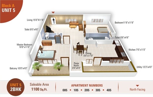 Floor plan of 2 BHK 1100 Sq. Ft. Apartment in 5 Elements Temple Bells Premier, Bangalore