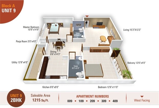 Floor plan of 2 BHK 1215 Sq. Ft. Apartment in 5 Elements Temple Bells Premier, Bangalore