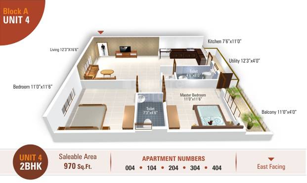 Floor plan of 2 BHK 970 Sq. Ft. Apartment in 5 Elements Temple Bells Premier, Bangalore