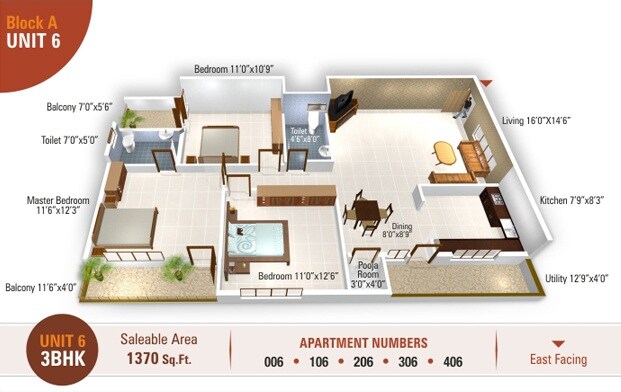 Floor plan of 3 BHK 1370 Sq. Ft. Apartment in 5 Elements Temple Bells Premier, Bangalore