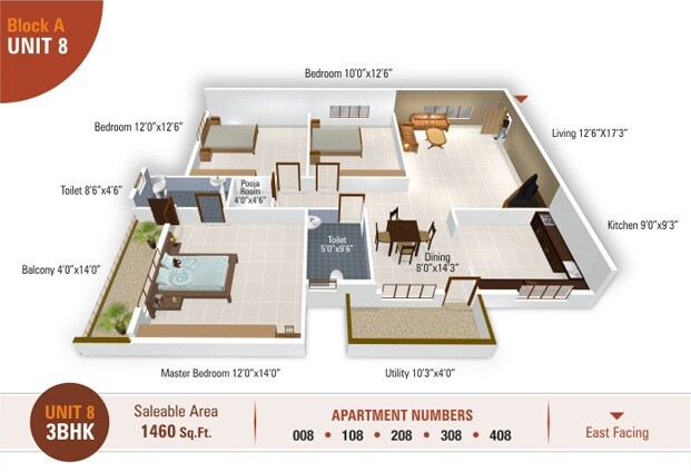 Floor plan of 3 BHK 1460 Sq. Ft. Apartment in 5 Elements Temple Bells Premier, Bangalore