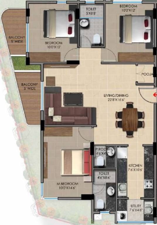Floor plan of 3 BHK 1401 Sq. Ft. Apartment in 55 Mountain Street, Bangalore