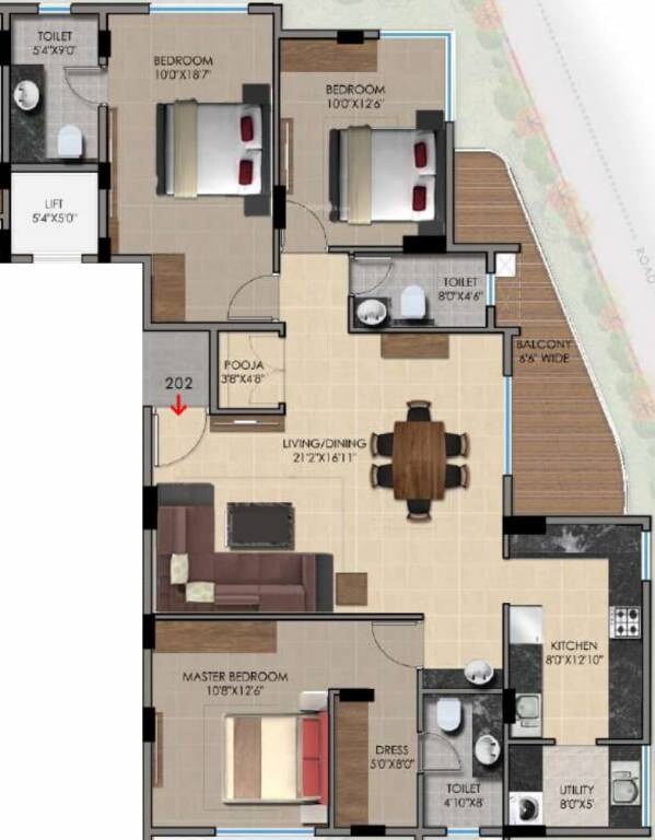 Floor plan of 3 BHK 1707 Sq. Ft. Apartment in 55 Mountain Street, Bangalore