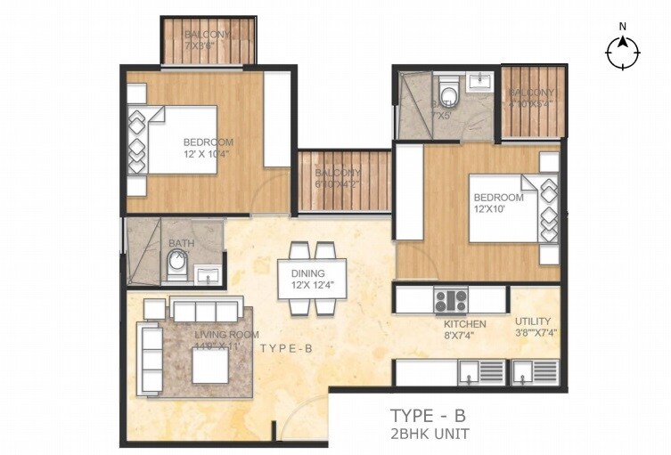 Floor plan of 2 BHK 1144 Sq. Ft. Apartment in A3 Atri Nest, Bangalore