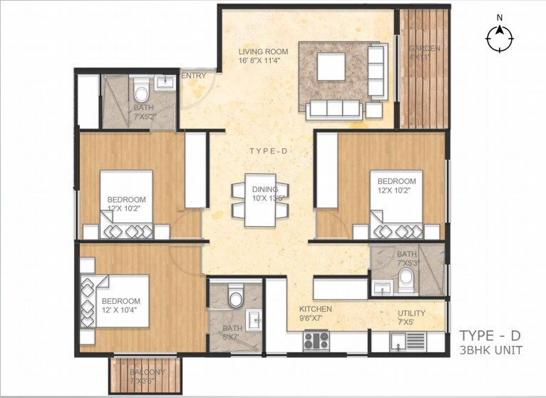 Floor plan of 3 BHK 1366 Sq. Ft. Apartment in A3 Atri Nest, Bangalore