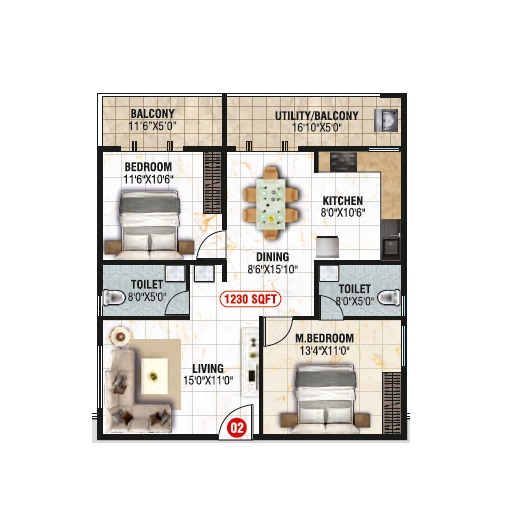 2 BHK 1230 Sq. Ft. Apartment in Aadhava Elite Homes