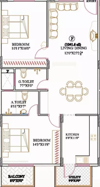 Floor plan of 2 BHK 1042 Sq. Ft. Apartment in Aakarshan Athena, Bangalore