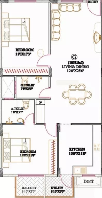 Floor plan of 2 BHK 1059 Sq. Ft. Apartment in Aakarshan Athena, Bangalore