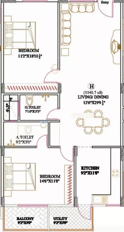 Floor plan of 2 BHK 1141 Sq. Ft. Apartment in Aakarshan Athena, Bangalore