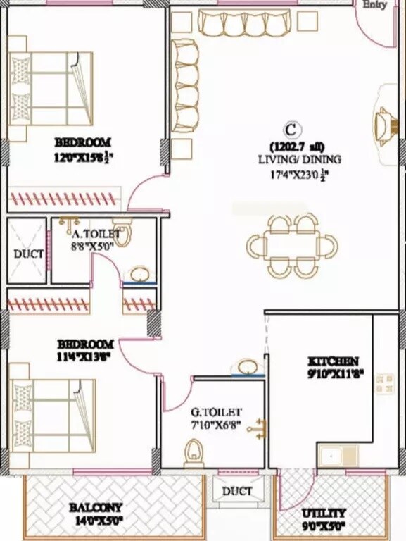 Floor plan of 2 BHK 1203 Sq. Ft. Apartment in Aakarshan Athena, Bangalore