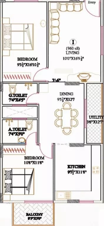 Floor plan of 2 BHK 960 Sq. Ft. Apartment in Aakarshan Athena, Bangalore