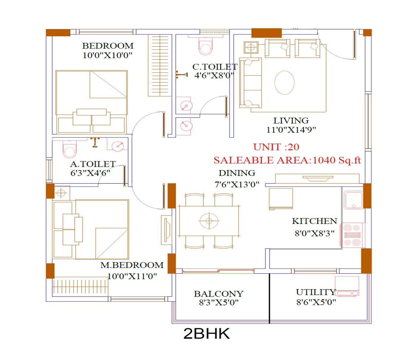 Floor plan of 2 BHK 1040 Sq. Ft. Apartment in Aakriti Emerald, Bangalore