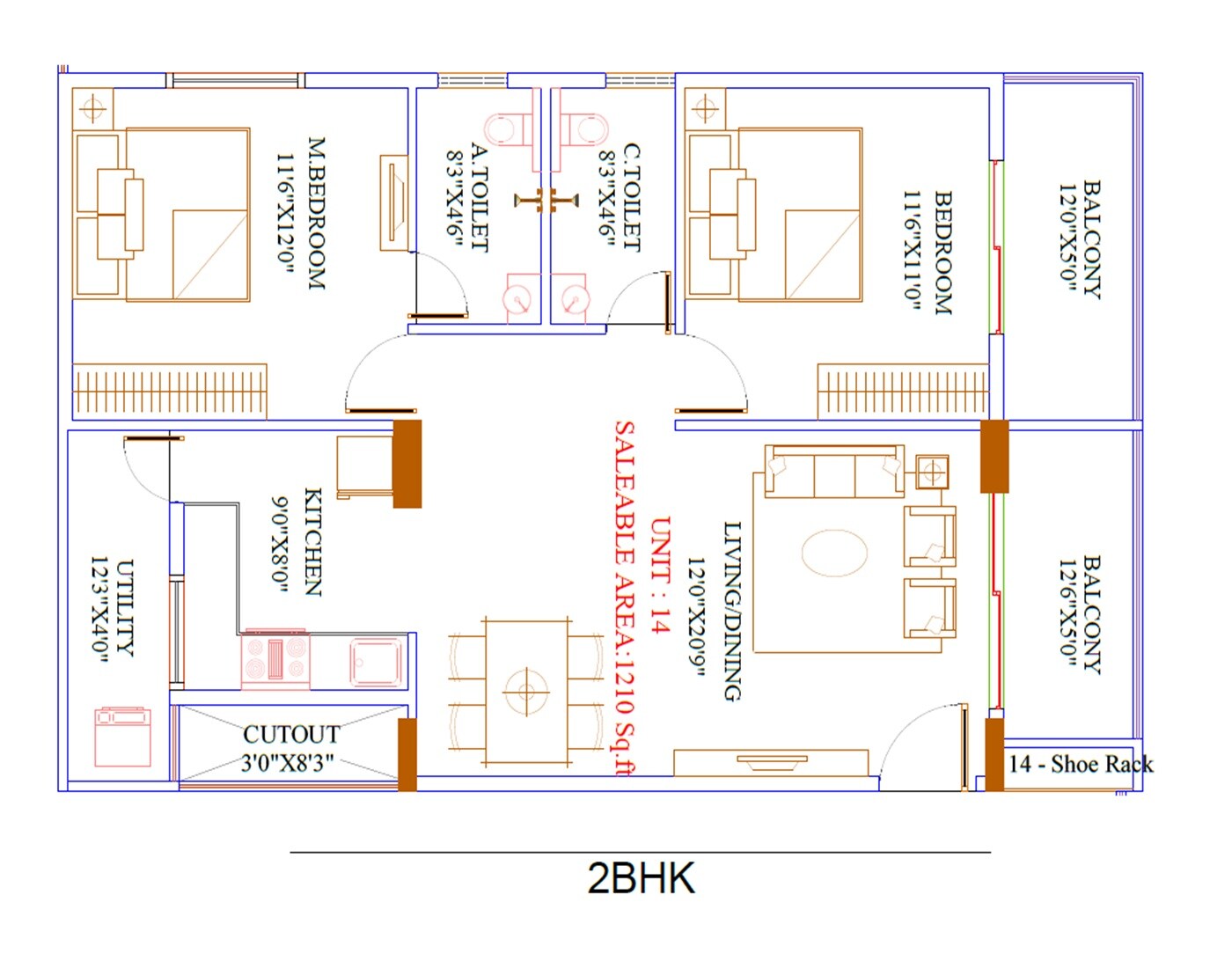 Floor plan of 2 BHK 1210 Sq. Ft. Apartment in Aakriti Emerald, Bangalore