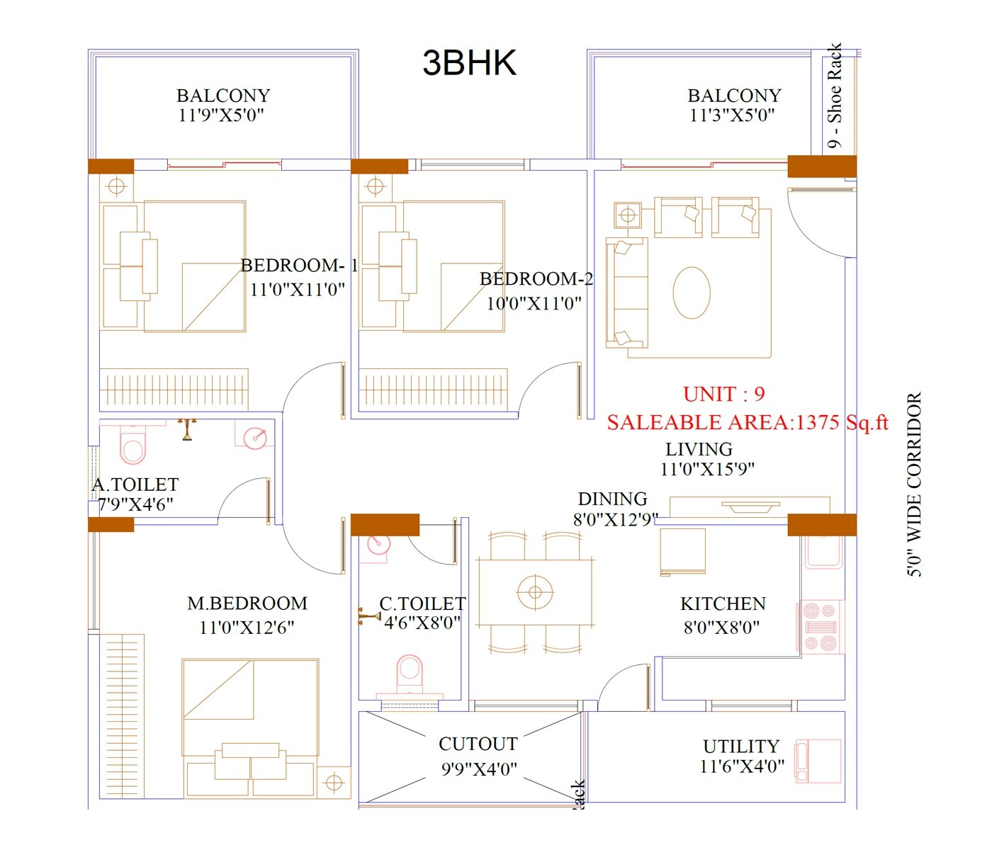 Floor plan of 3 BHK 1375 Sq. Ft. Apartment in Aakriti Emerald, Bangalore